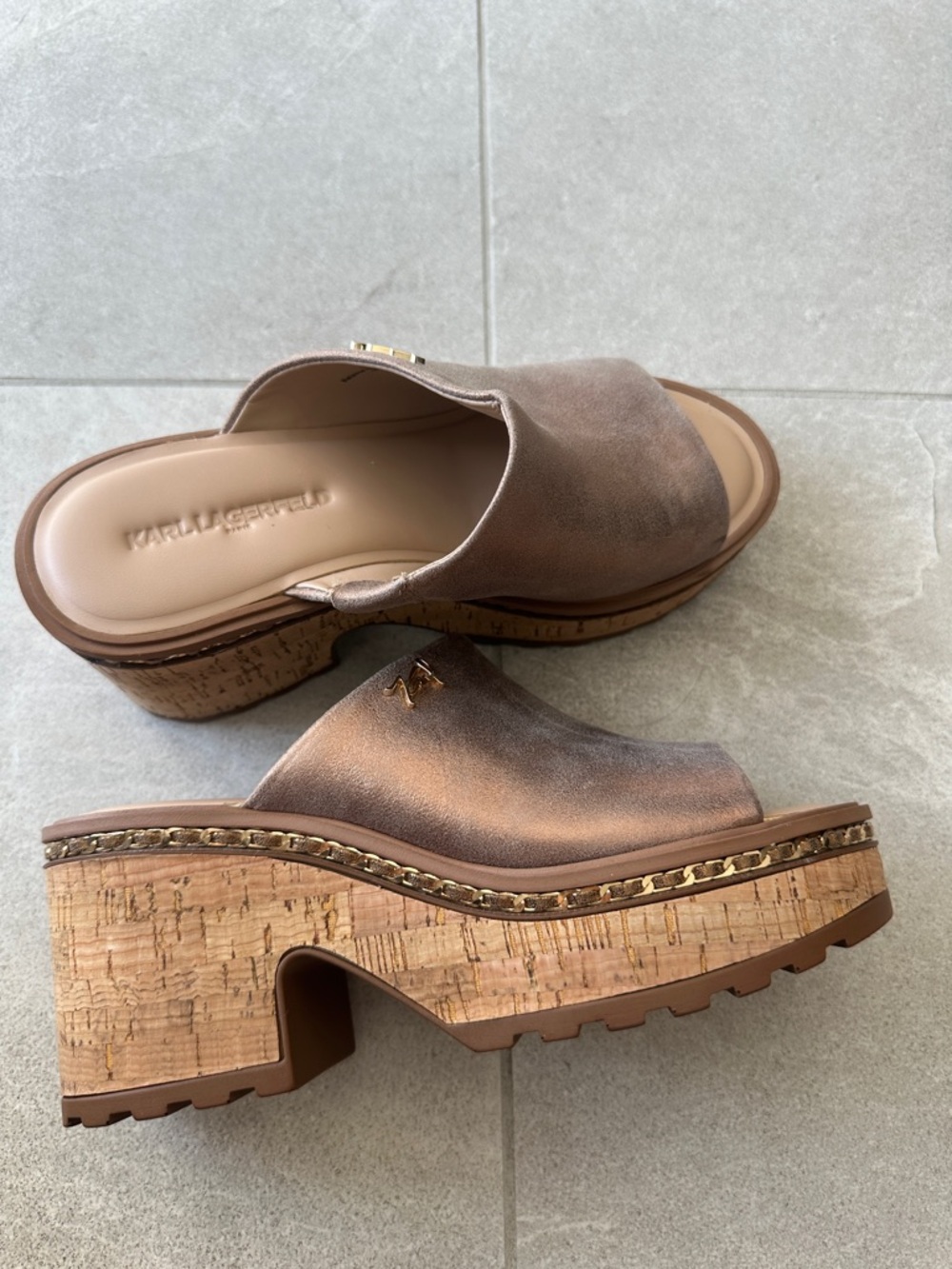 Karl Lagerfeld Taupe Suede Cork-Effect Platform Slide Mules